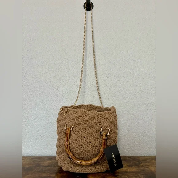 NEW Forever 21 Small Crochet Tote Bag/Crossbody Brown Gold Tan Bamboo Handles - Picture 3 of 5